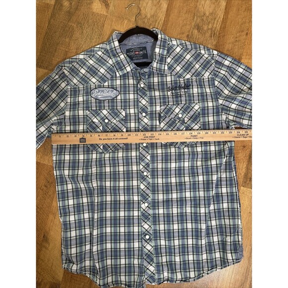 Ecko Unltd Mens XL Blue Plaid Short Sleeve Pearl‎ Snap Western Button Up Patches - Picture 13 of 14